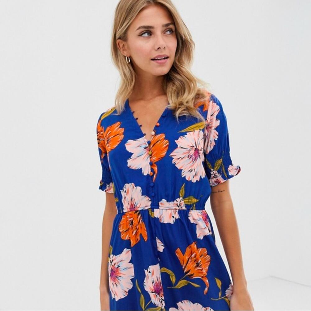ASOS Womens Floral Midi Dress Size 6 Blue V Neck Long Sleeve Button Front - Picture 10 of 12